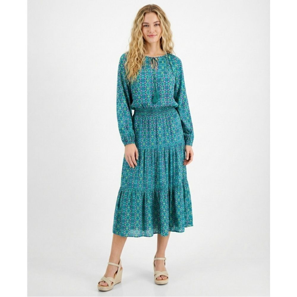 Matilda Jane Age of Aquarius Midi Dress Large Green Floral Long Sleeve Smocked